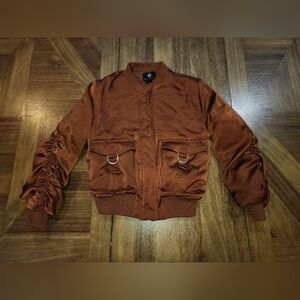 House of Harlow 1960 Satin Bomber Jacket Sz XS Rust Ruched Sleeve